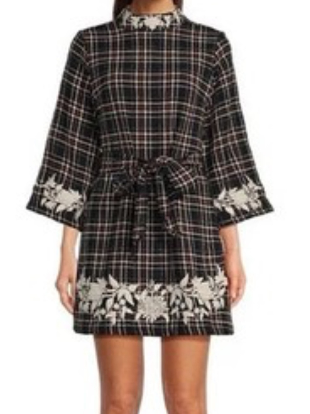 NWT FANM MON Layla Plaid Tie-Waist Mini Dress with Floral embroidered size large